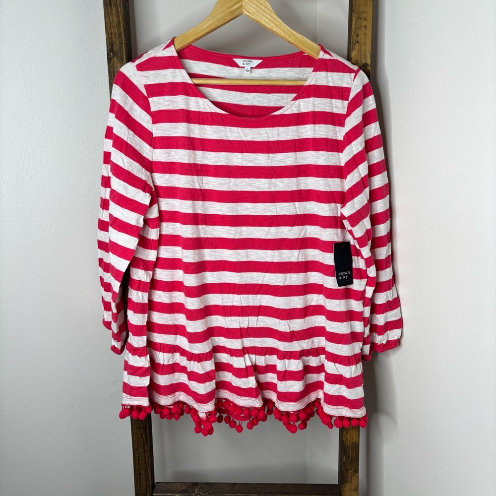 Crown & Ivy Hot Pink and White Striped Top with Pom Pom Hem